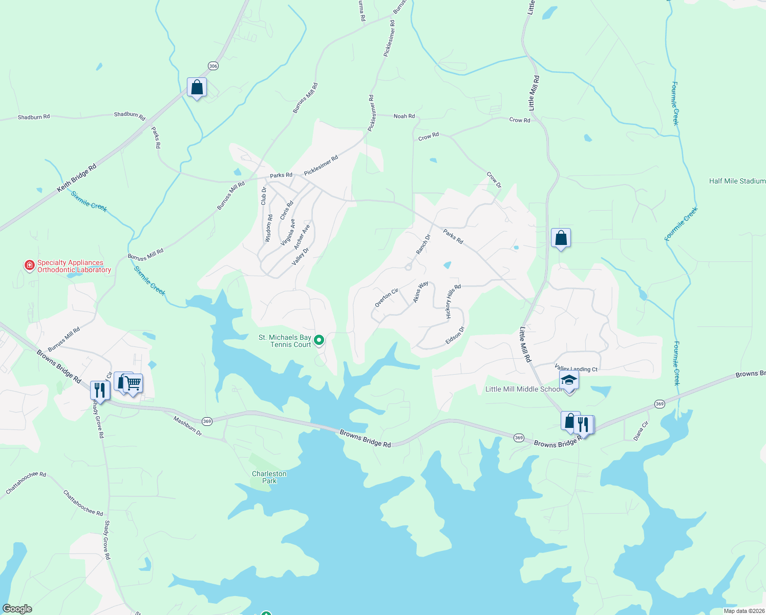 map of restaurants, bars, coffee shops, grocery stores, and more near 6690 Overton Circle in Cumming