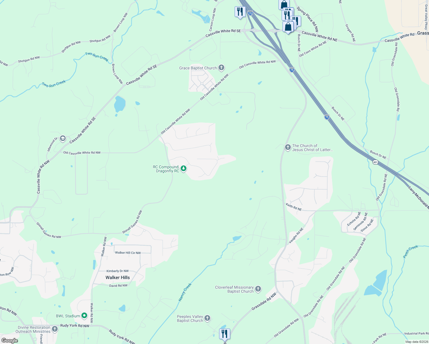 map of restaurants, bars, coffee shops, grocery stores, and more near 52 Willow Bend Drive Northwest in Cartersville