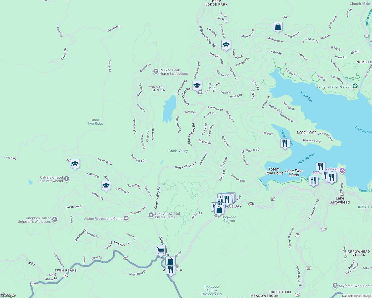 map of restaurants, bars, coffee shops, grocery stores, and more near 400 Golf Course Rd in Lake Arrowhead