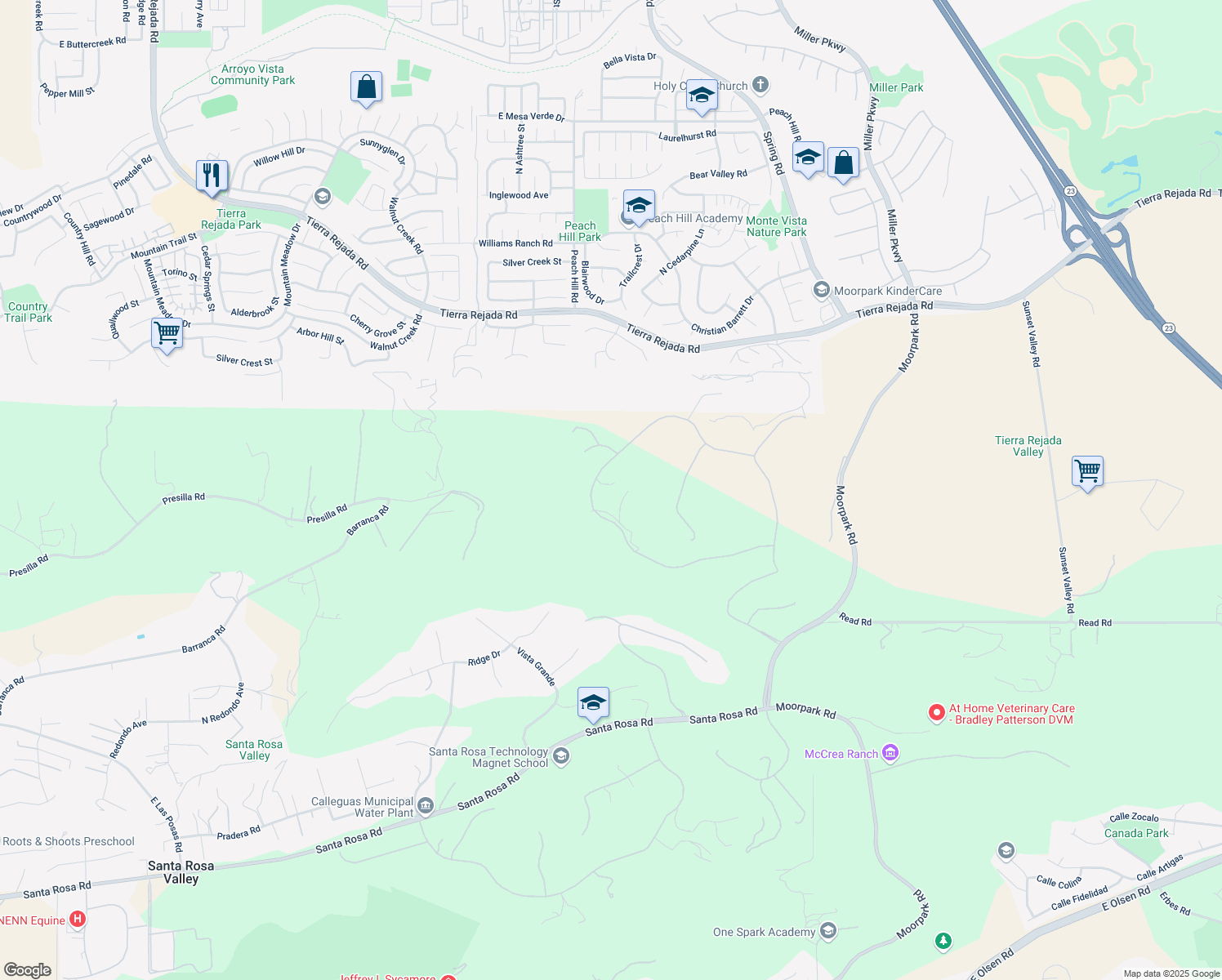 map of restaurants, bars, coffee shops, grocery stores, and more near 13418 Nightsky Drive in Santa Rosa Valley