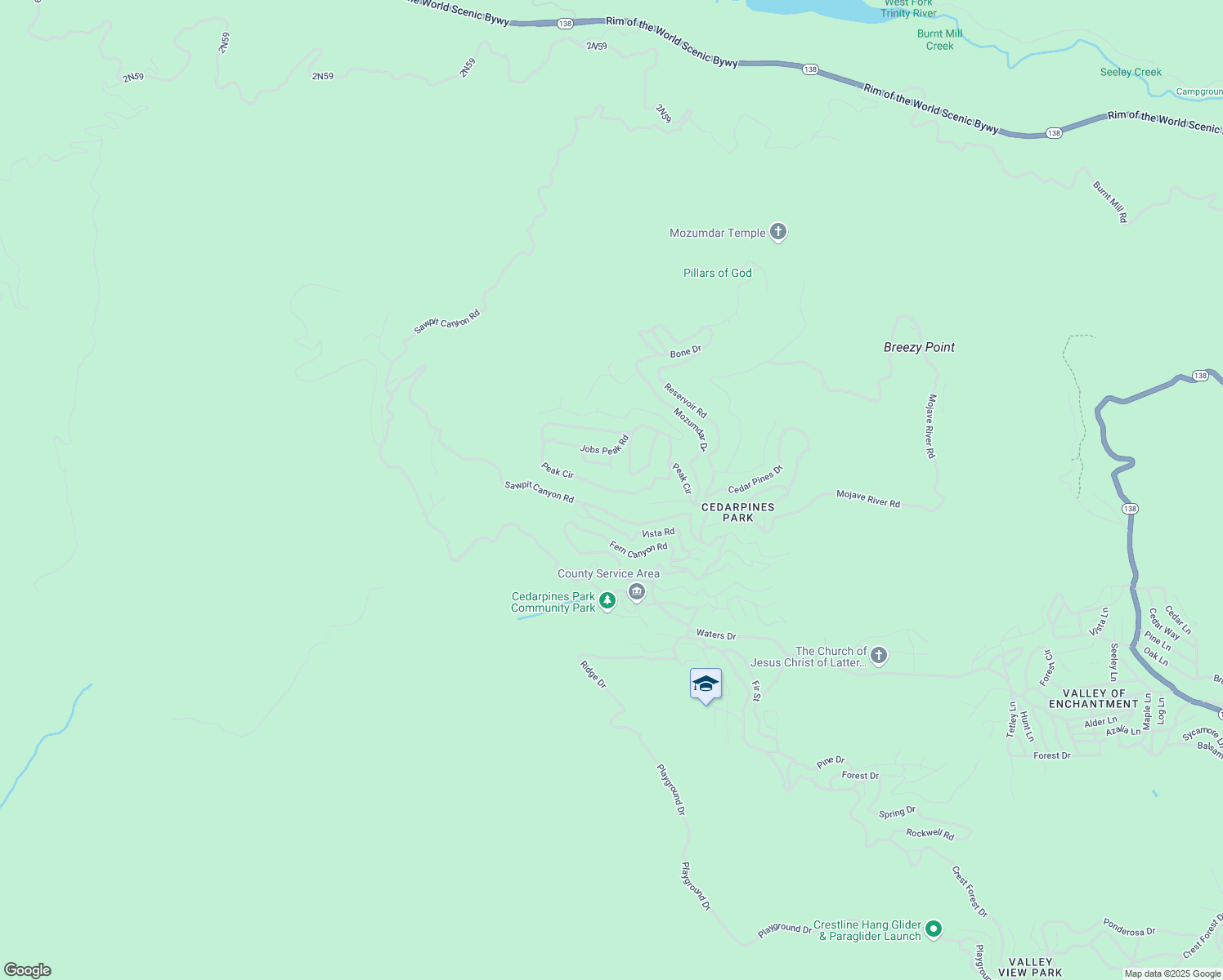 map of restaurants, bars, coffee shops, grocery stores, and more near Peak Circle in Crestline