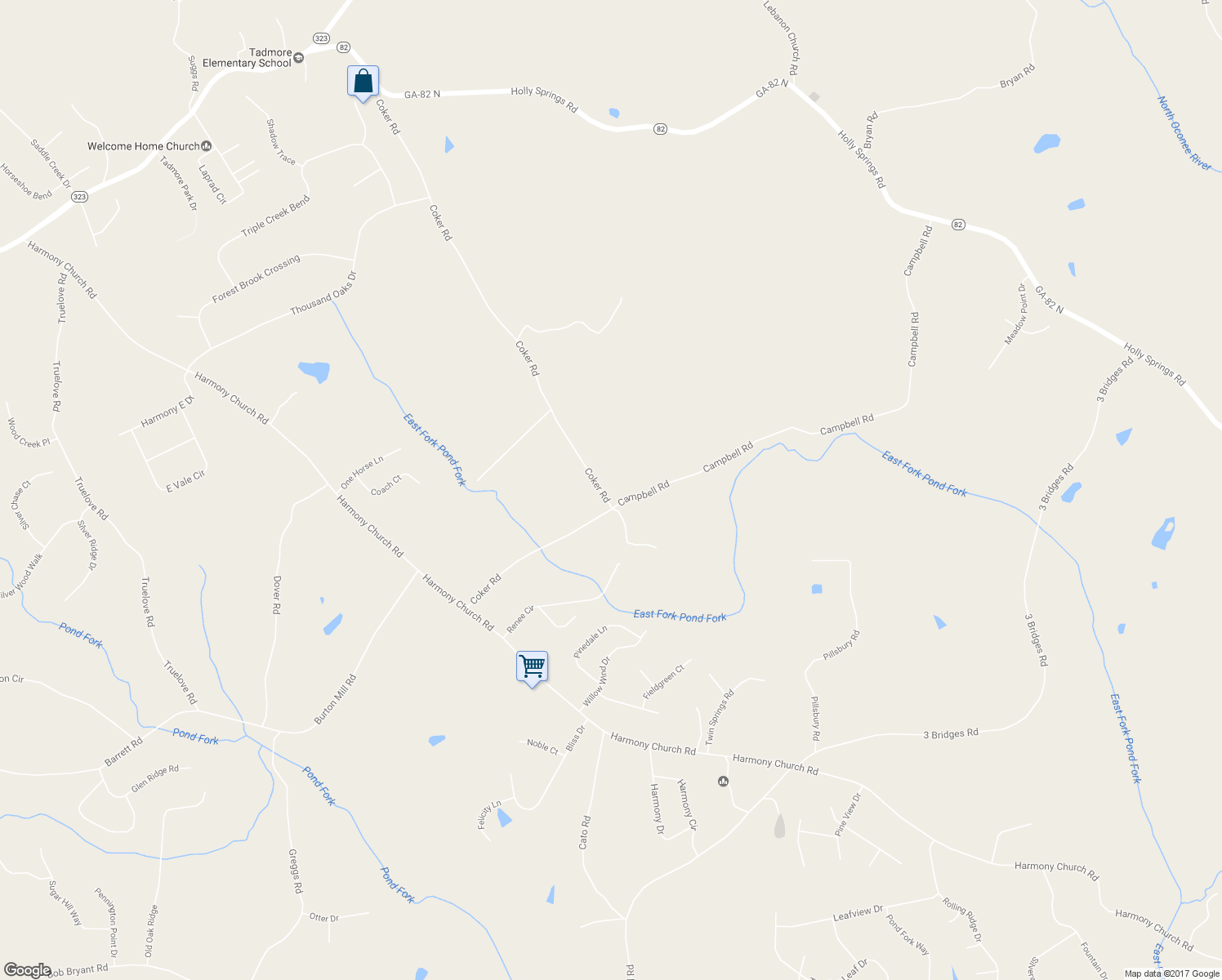 map of restaurants, bars, coffee shops, grocery stores, and more near 3771 Coker Road in Gainesville