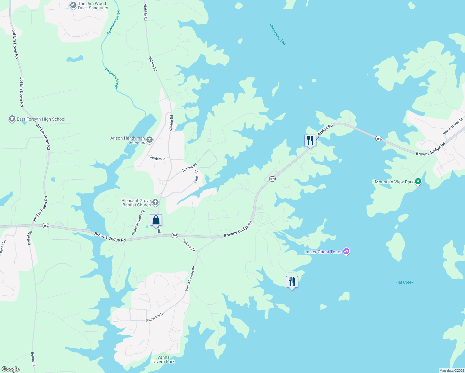 map of restaurants, bars, coffee shops, grocery stores, and more near 9030 Beaver Trail in Gainesville