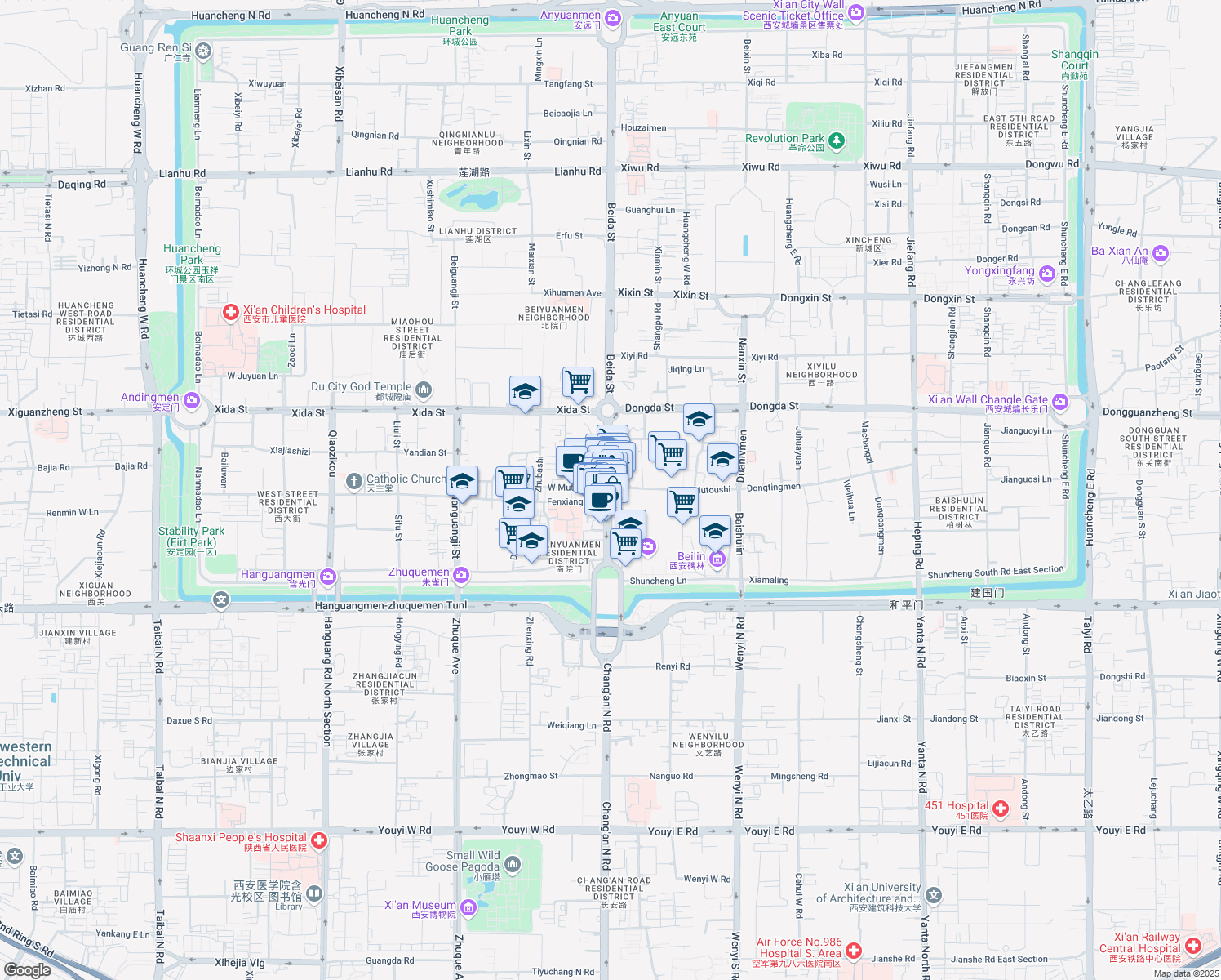 map of restaurants, bars, coffee shops, grocery stores, and more near Nan Da Jie in Xian Shi