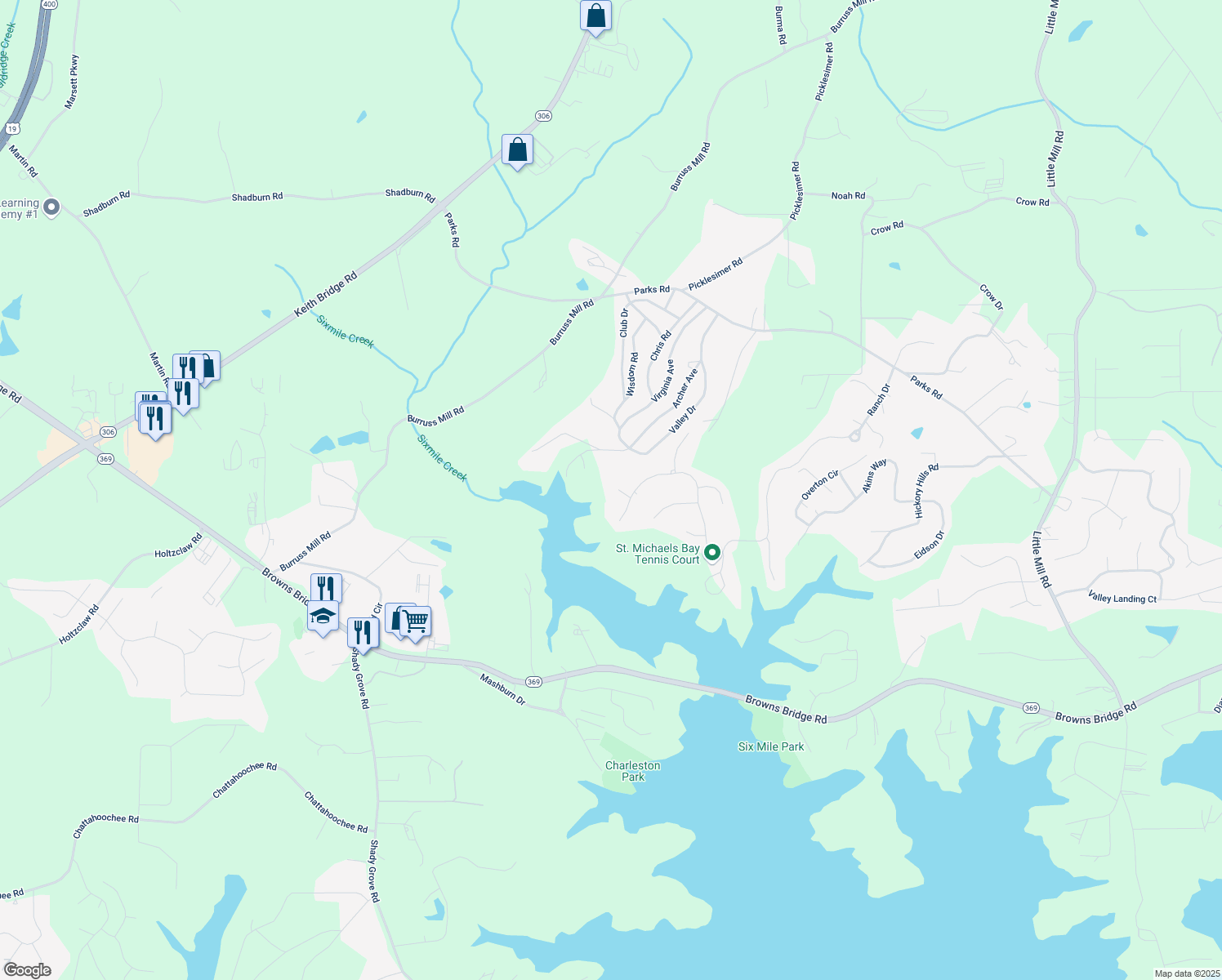 map of restaurants, bars, coffee shops, grocery stores, and more near 6625 Baywood Run in Cumming