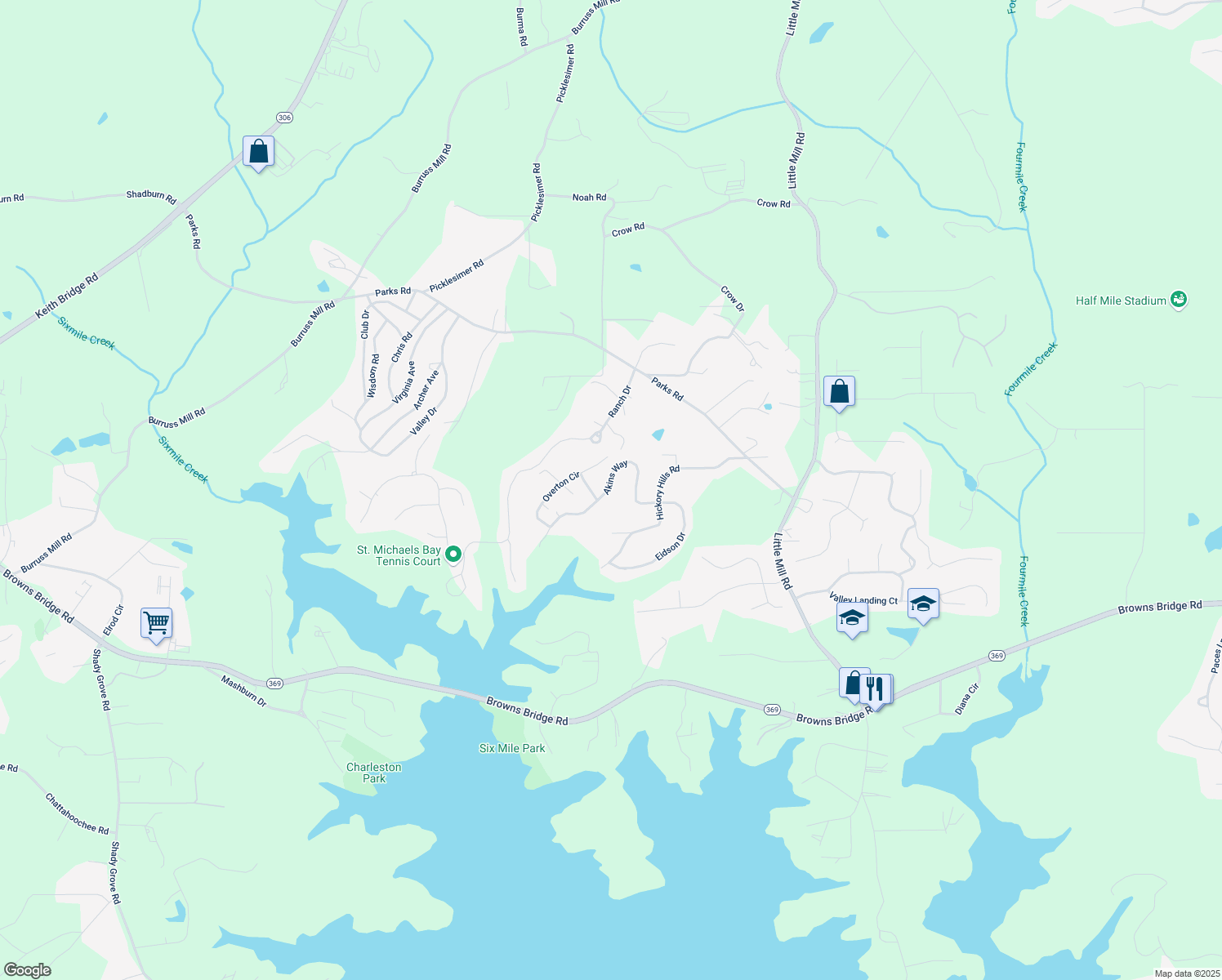 map of restaurants, bars, coffee shops, grocery stores, and more near 6355 Akins Way in Cumming
