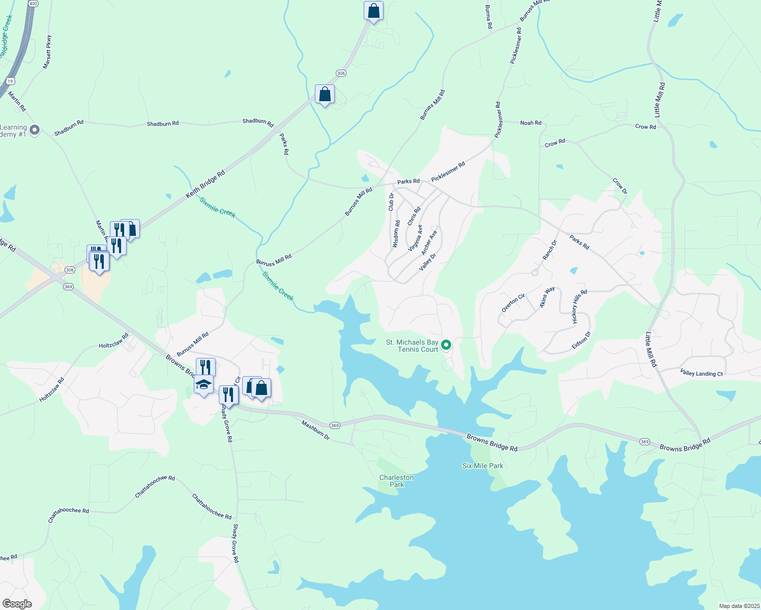 map of restaurants, bars, coffee shops, grocery stores, and more near 6625 Baywood Run in Cumming