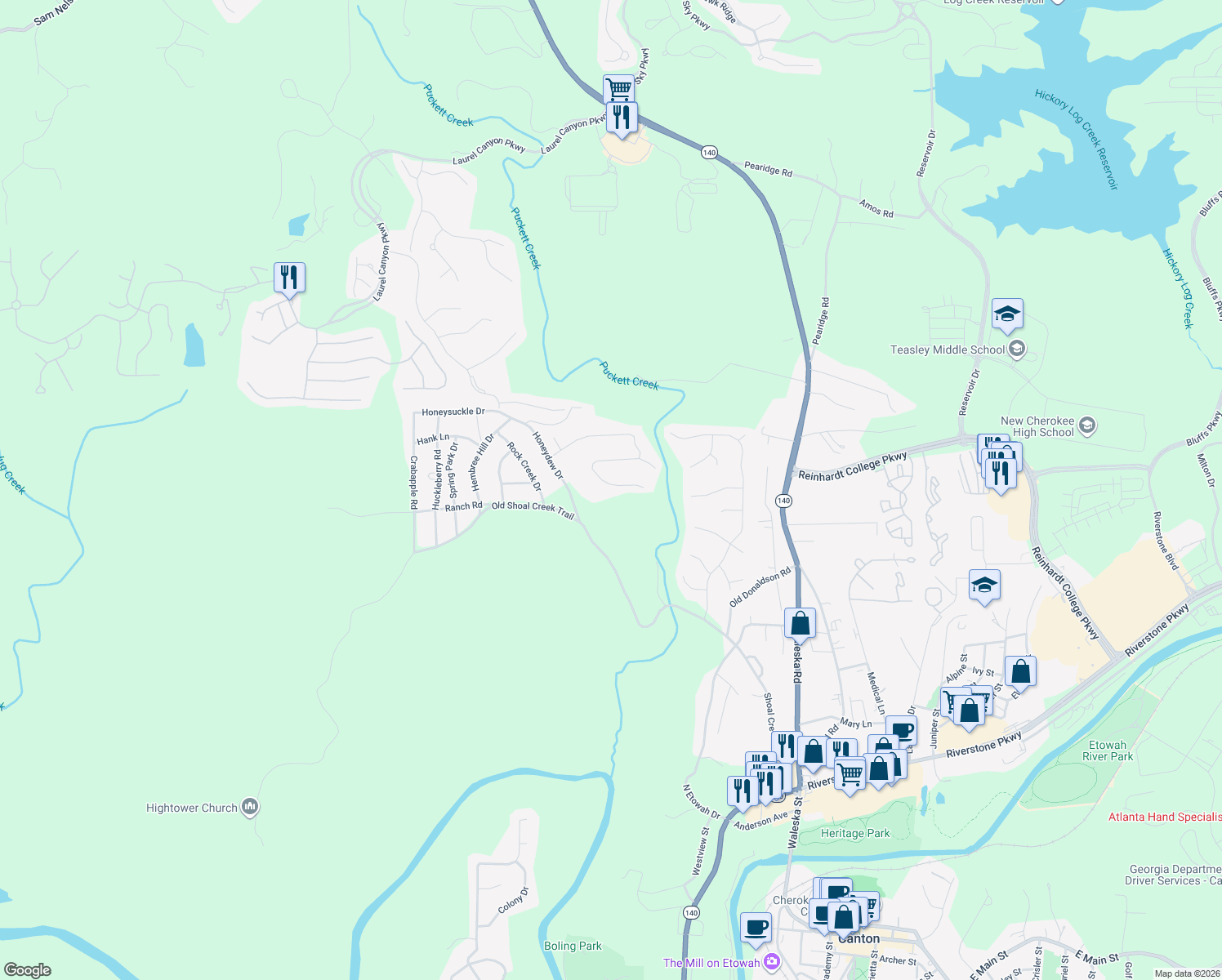 map of restaurants, bars, coffee shops, grocery stores, and more near 1276 Shoal Creek Trail in Canton