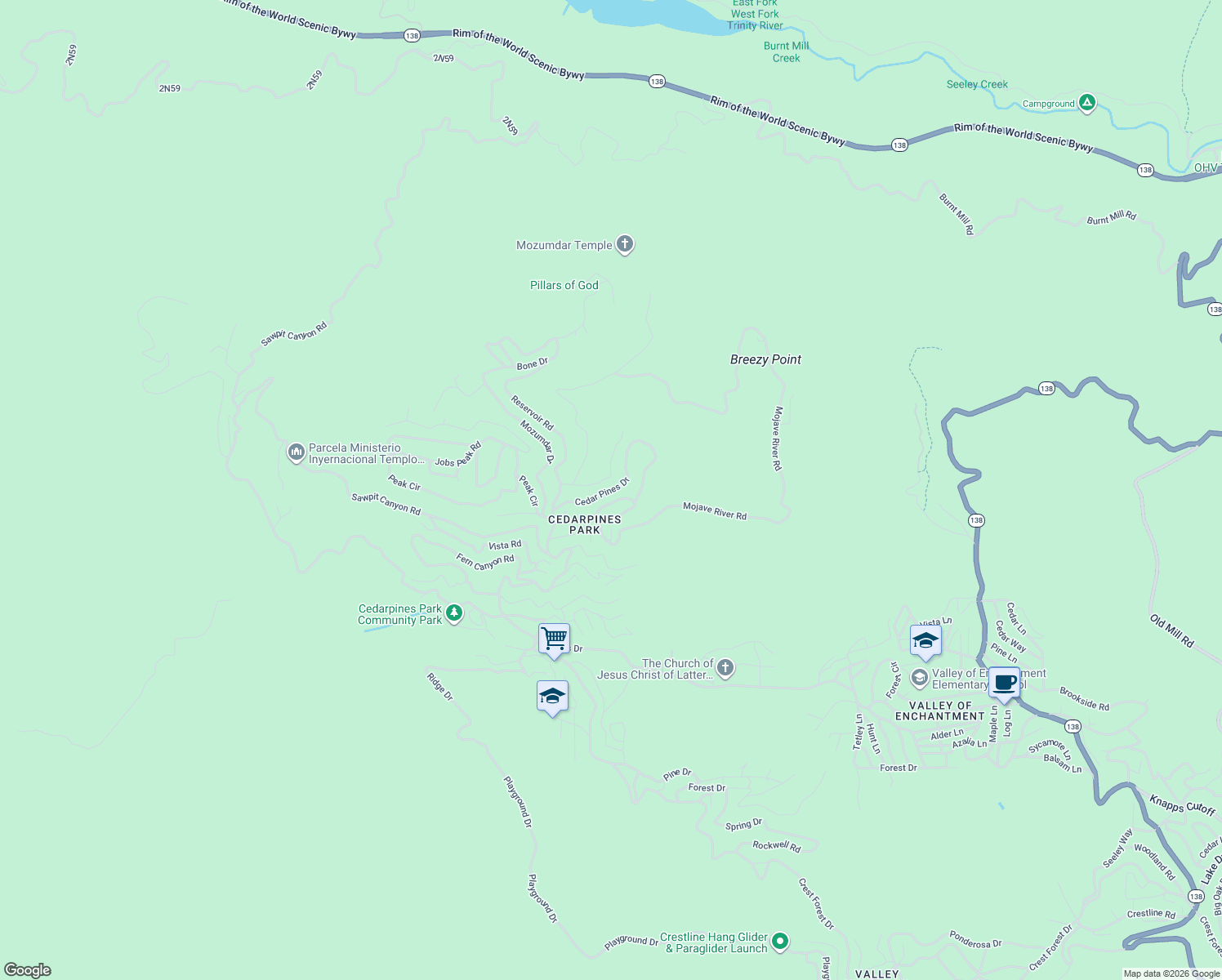 map of restaurants, bars, coffee shops, grocery stores, and more near Cedar Pines Drive in Crestline