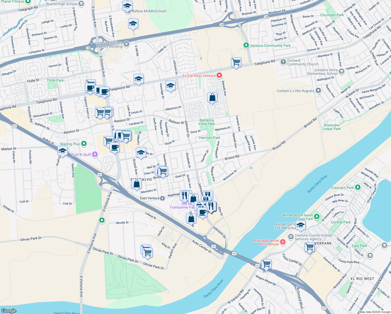 map of restaurants, bars, coffee shops, grocery stores, and more near 2188 Johnson Drive in Ventura