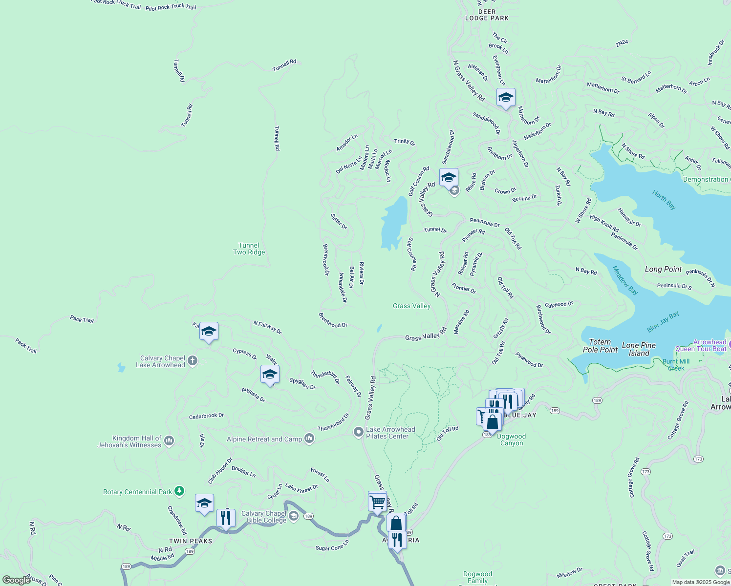 map of restaurants, bars, coffee shops, grocery stores, and more near 361 Riviera Drive in Lake Arrowhead
