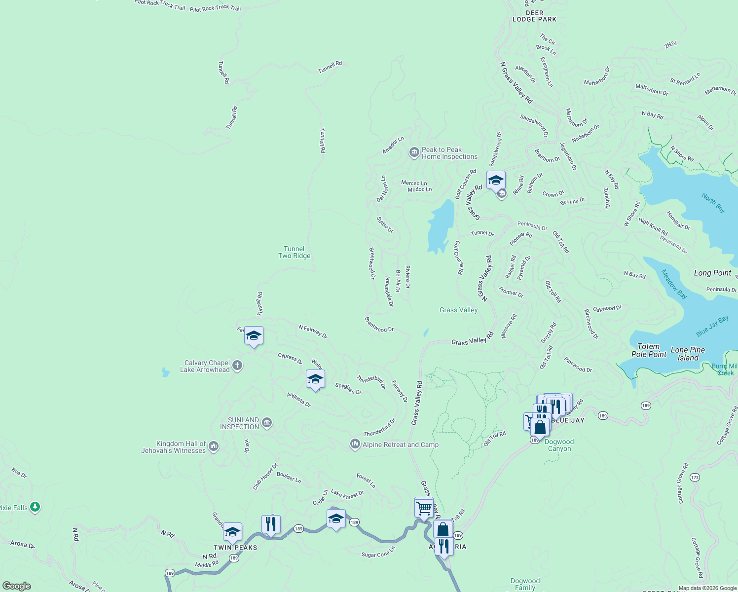 map of restaurants, bars, coffee shops, grocery stores, and more near 396 Brentwood Drive in Lake Arrowhead