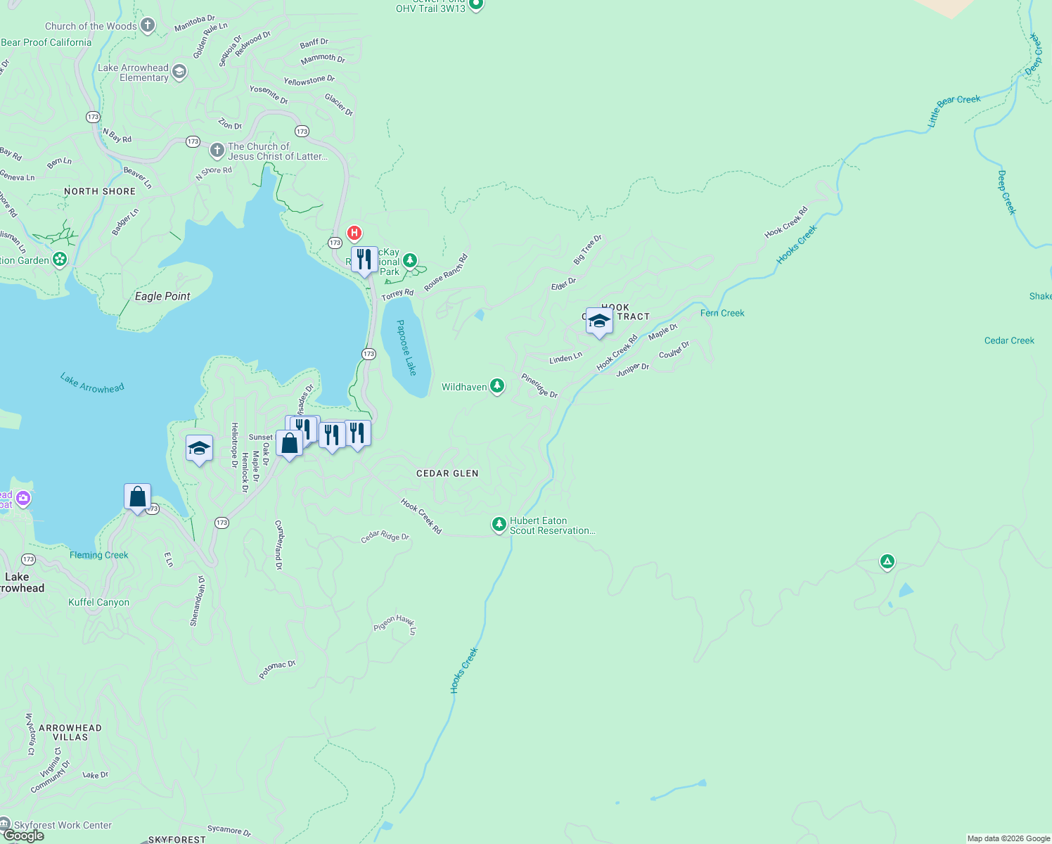 map of restaurants, bars, coffee shops, grocery stores, and more near 29558 Mahogany Lane in Lake Arrowhead