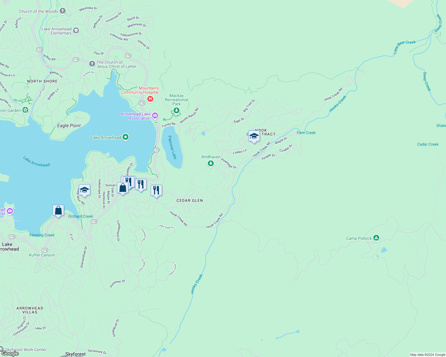 map of restaurants, bars, coffee shops, grocery stores, and more near 29558 Mahogany Lane in Lake Arrowhead