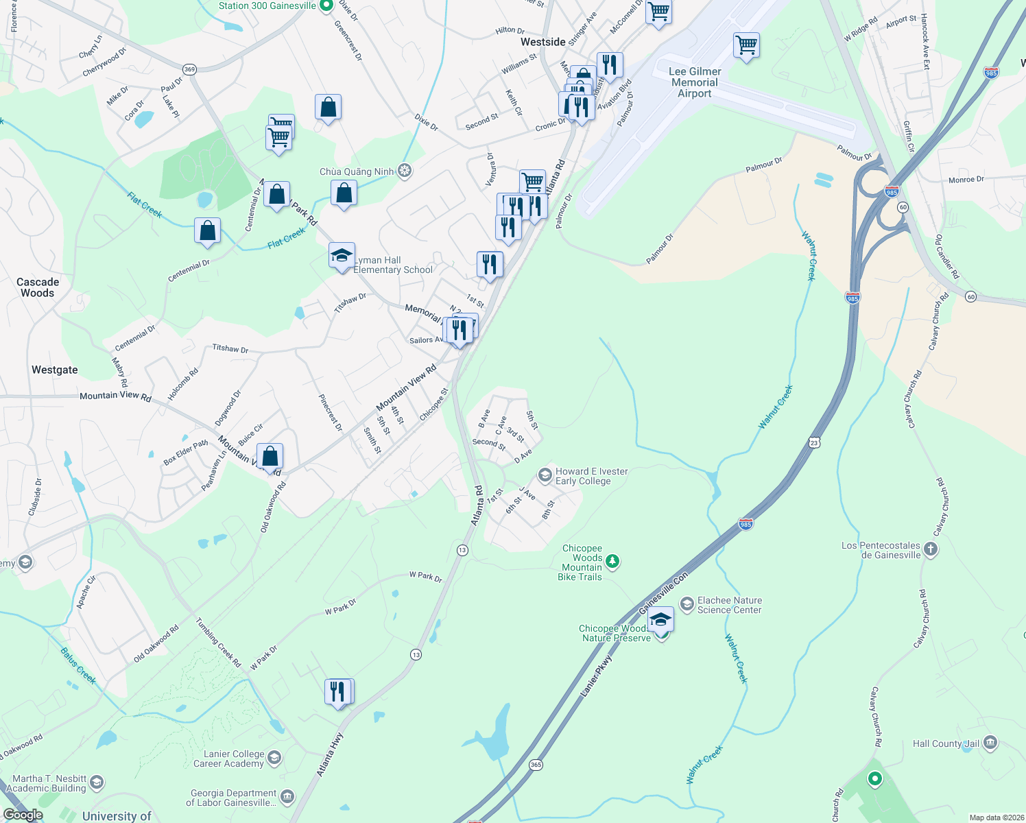 map of restaurants, bars, coffee shops, grocery stores, and more near 18 C Ave in Gainesville