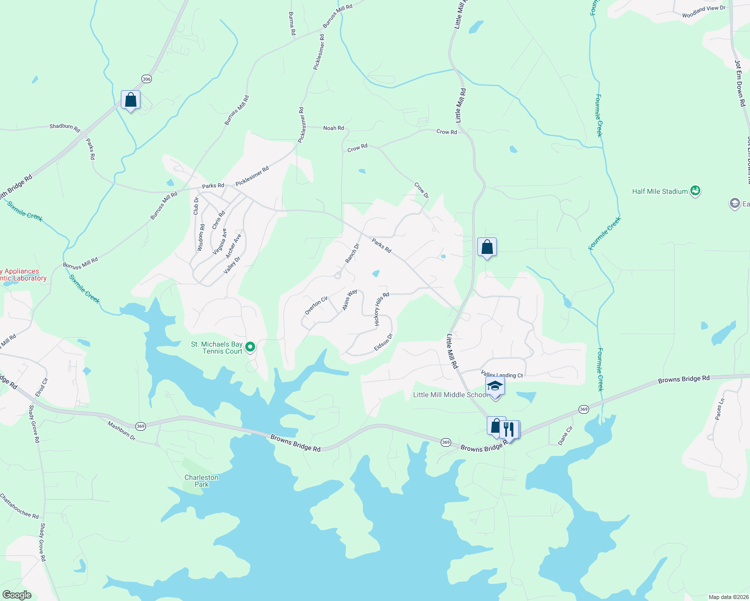 map of restaurants, bars, coffee shops, grocery stores, and more near 6110 Hickory Hills Road in Cumming