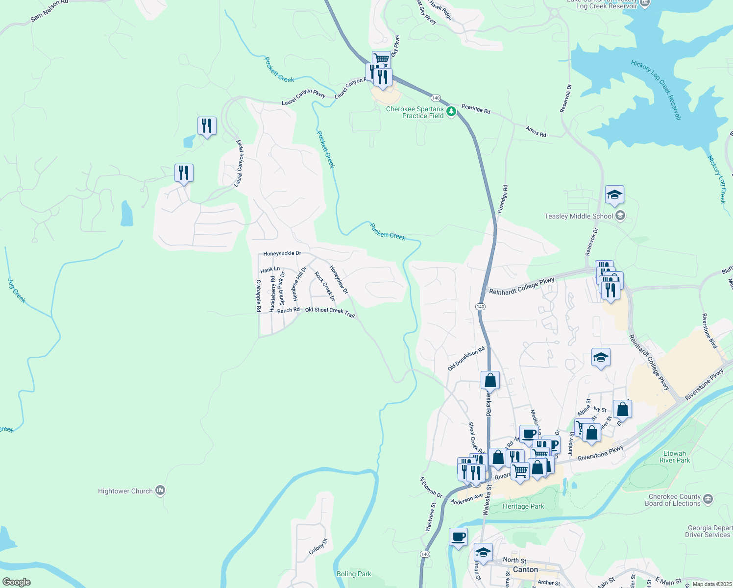 map of restaurants, bars, coffee shops, grocery stores, and more near 231 Creek View Place in Canton