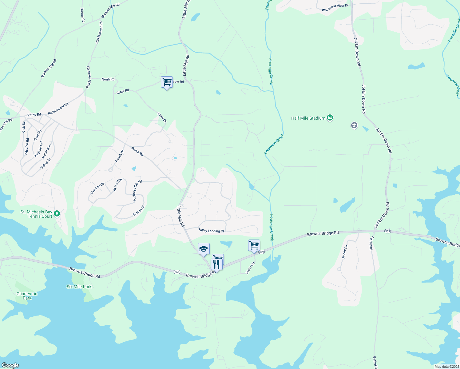 map of restaurants, bars, coffee shops, grocery stores, and more near 7675 Lanier View Ridge in Cumming