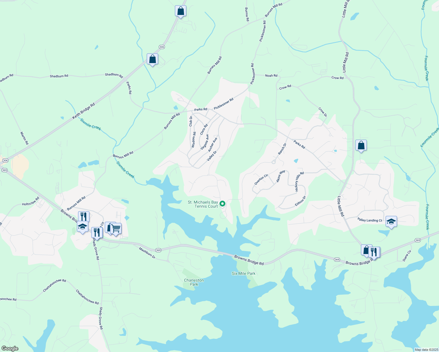 map of restaurants, bars, coffee shops, grocery stores, and more near 6420 Beacon Station Drive in Cumming