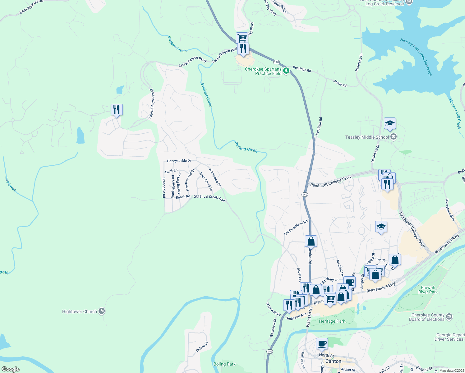 map of restaurants, bars, coffee shops, grocery stores, and more near 231 Creek View Place in Canton
