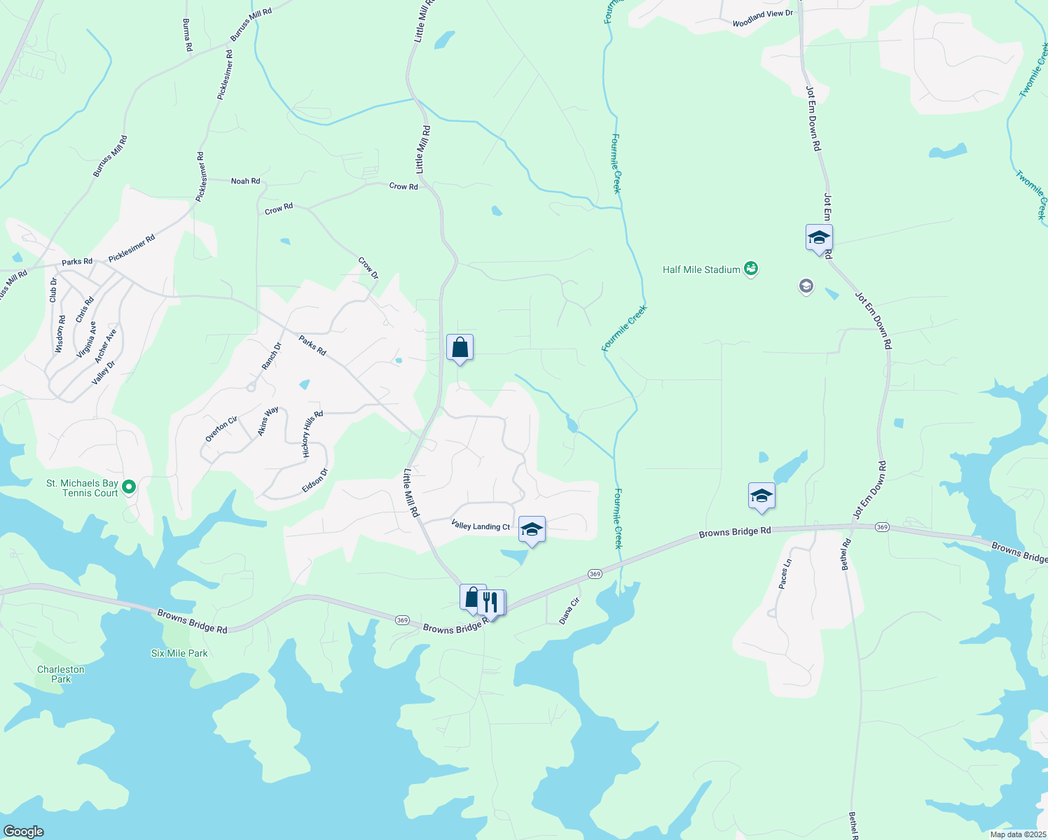 map of restaurants, bars, coffee shops, grocery stores, and more near 7675 Lanier View Ridge in Cumming