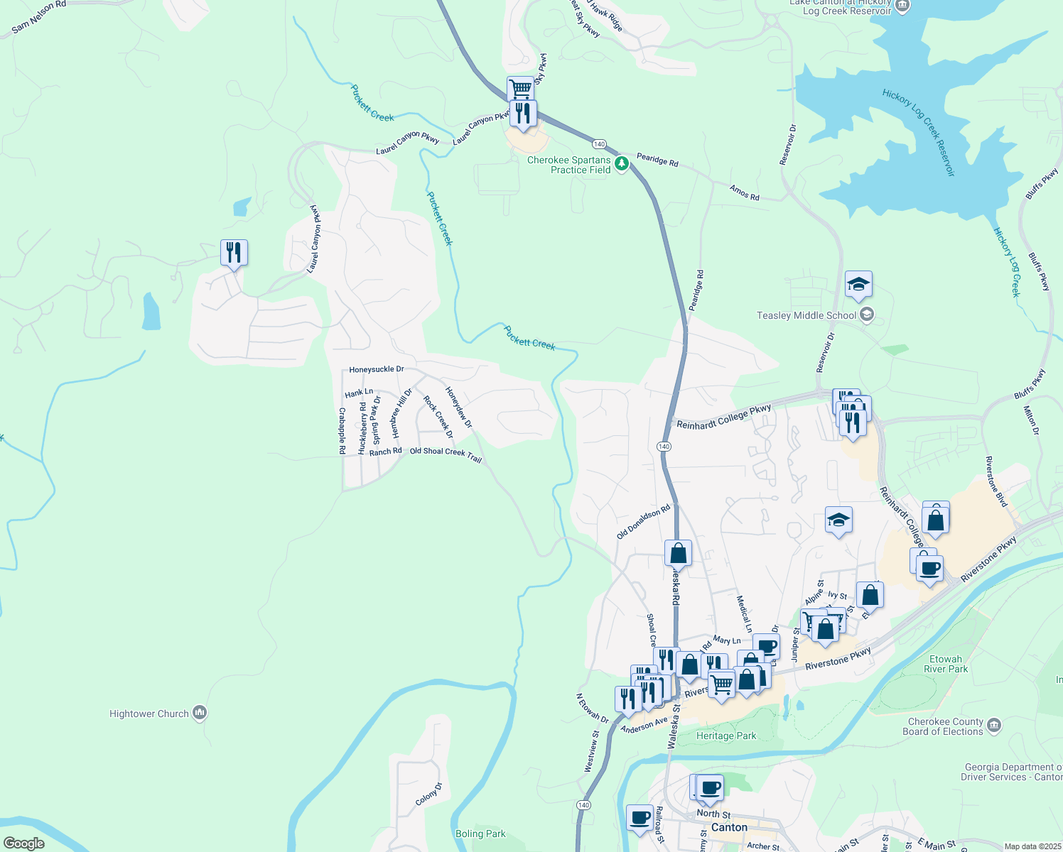 map of restaurants, bars, coffee shops, grocery stores, and more near 216 Creek View Place in Canton