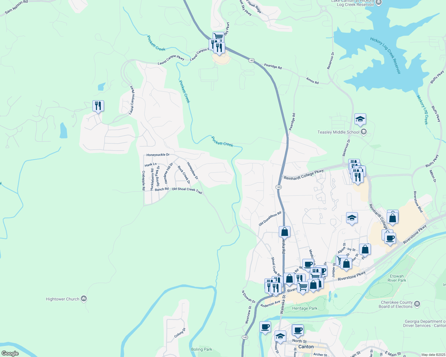 map of restaurants, bars, coffee shops, grocery stores, and more near 216 Creek View Place in Canton