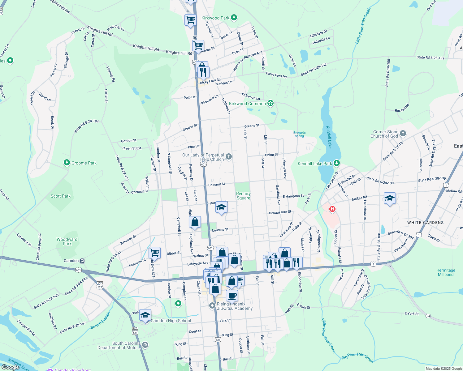 map of restaurants, bars, coffee shops, grocery stores, and more near 1615 Lyttleton Street in Camden