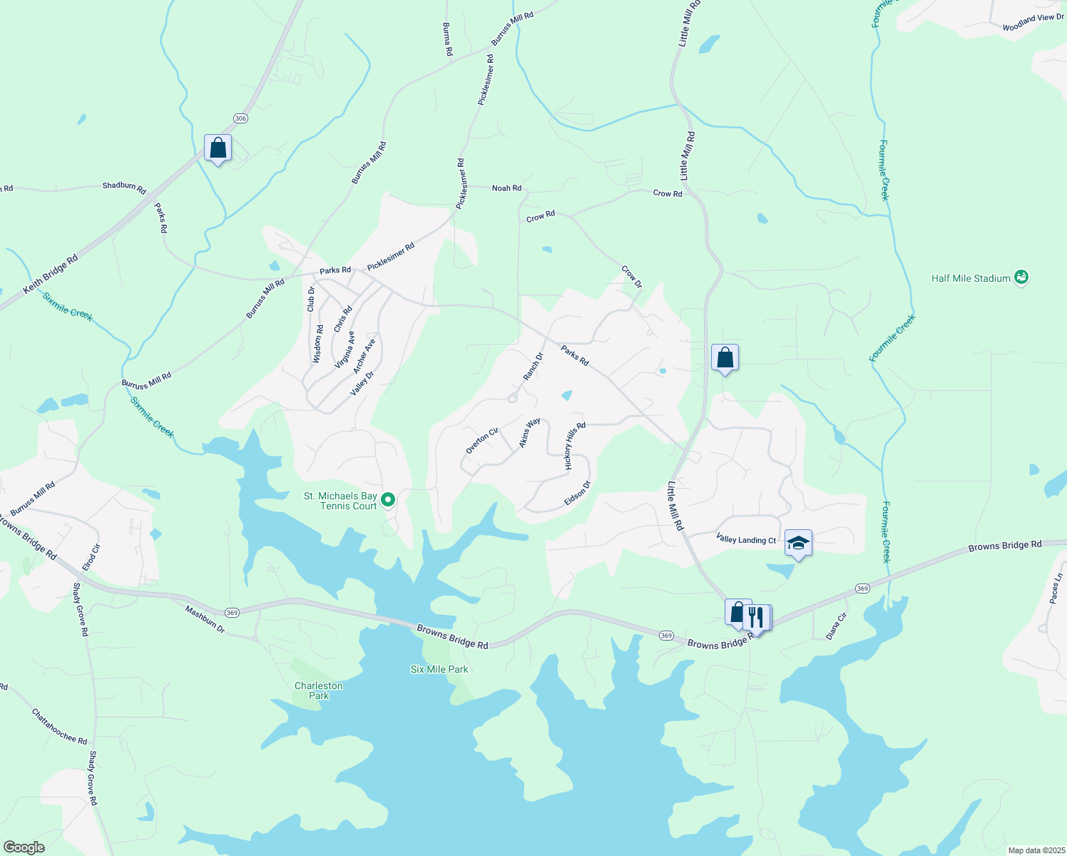 map of restaurants, bars, coffee shops, grocery stores, and more near 6355 Akins Way in Cumming
