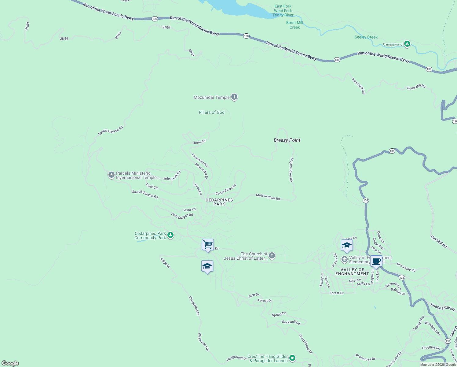 map of restaurants, bars, coffee shops, grocery stores, and more near El Valle Road in Crestline