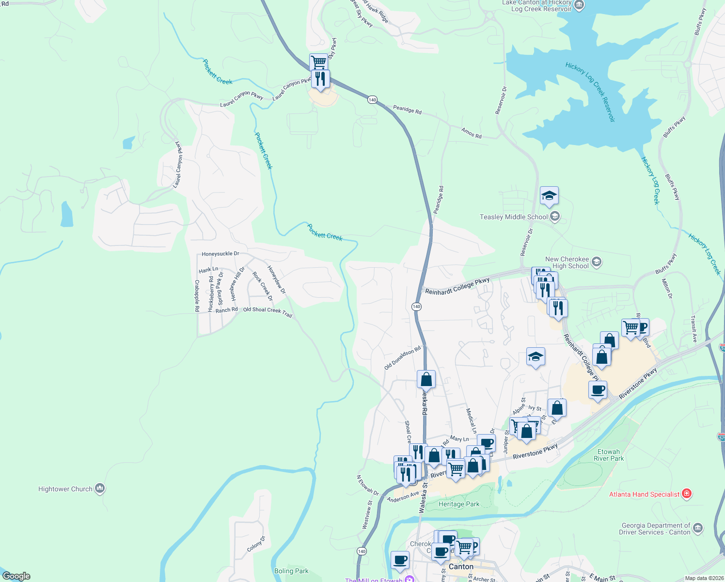 map of restaurants, bars, coffee shops, grocery stores, and more near 715 Ridgewood Way in Canton