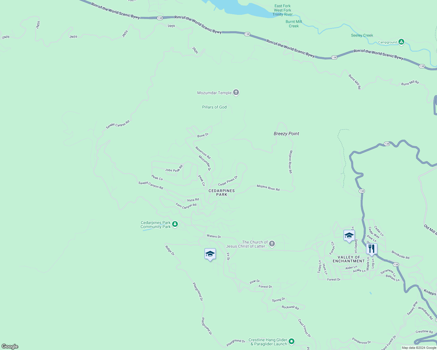 map of restaurants, bars, coffee shops, grocery stores, and more near 402 Burnt Mill Canyon Road in Crestline