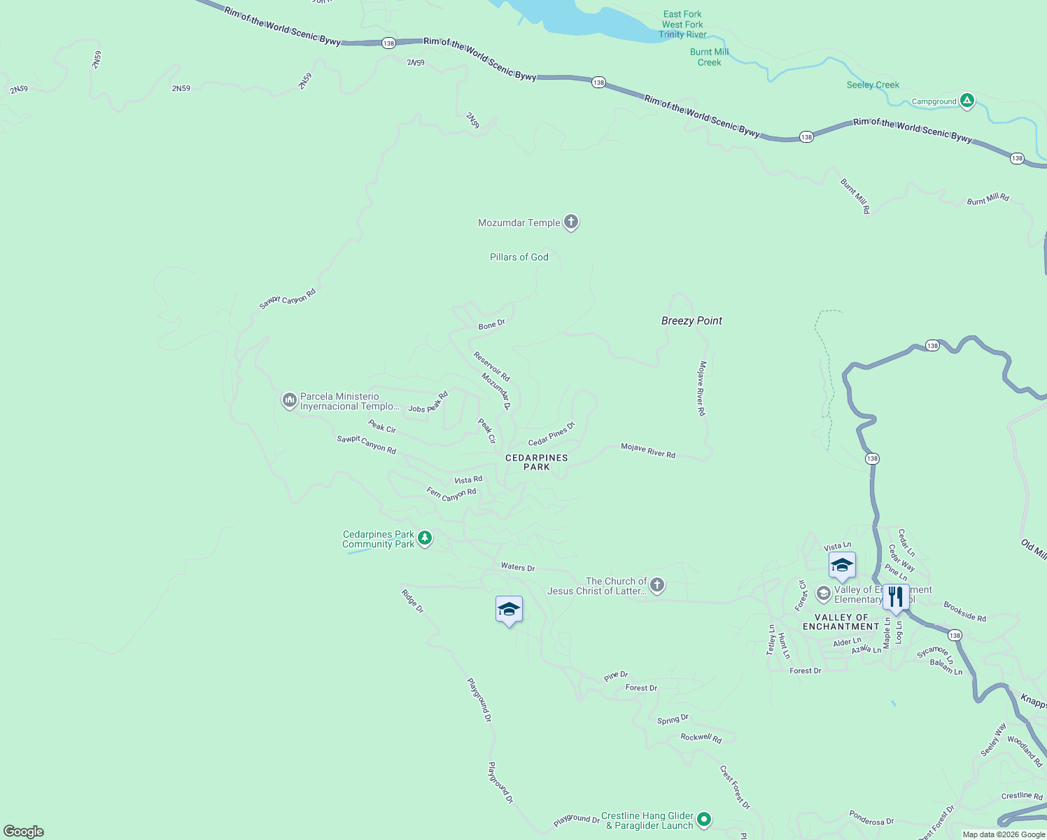map of restaurants, bars, coffee shops, grocery stores, and more near 402 Burnt Mill Canyon Road in Crestline