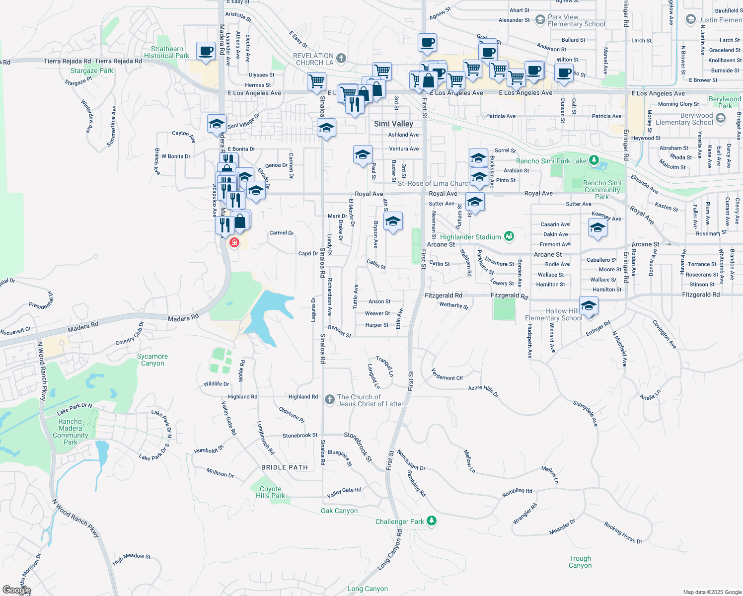 map of restaurants, bars, coffee shops, grocery stores, and more near 707 Anson Street in Simi Valley