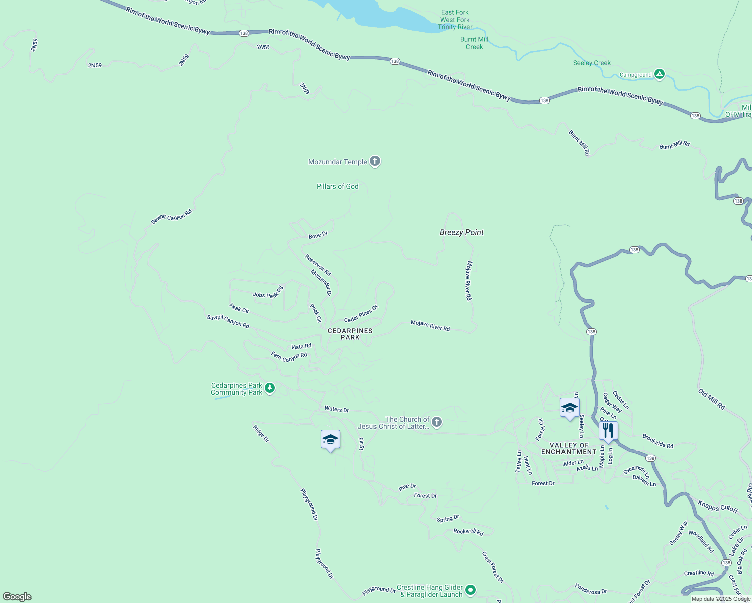 map of restaurants, bars, coffee shops, grocery stores, and more near 22043 Crest Forest Drive in Crestline
