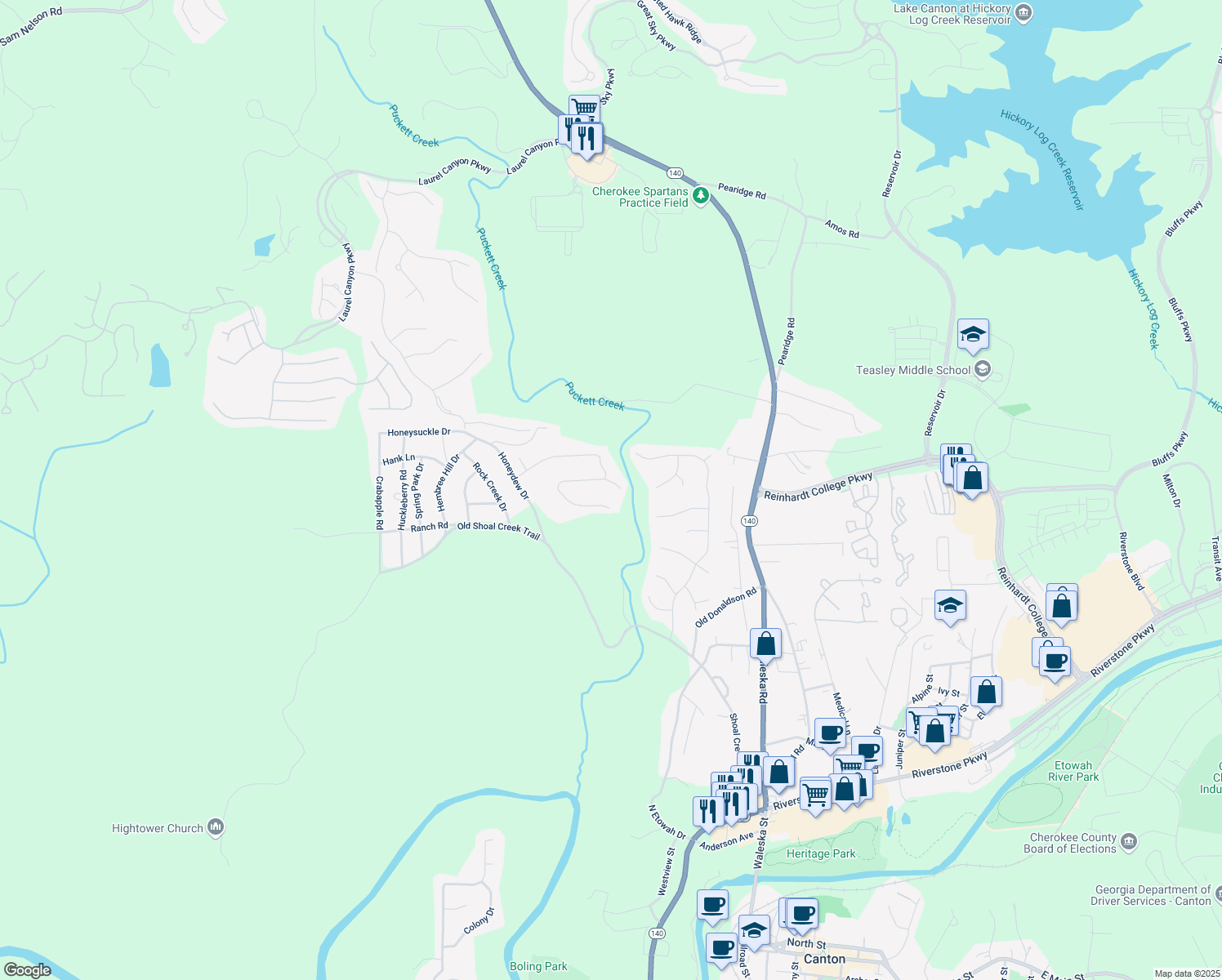map of restaurants, bars, coffee shops, grocery stores, and more near 264 Creek View Place in Canton