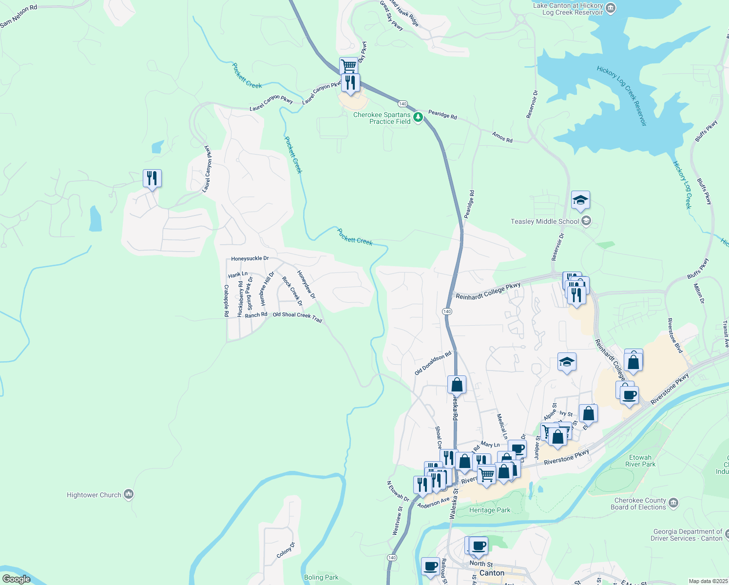 map of restaurants, bars, coffee shops, grocery stores, and more near 264 Creek View Place in Canton