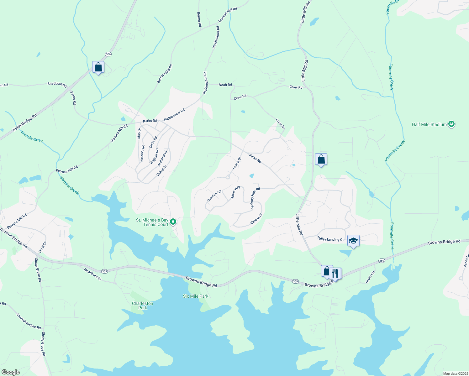 map of restaurants, bars, coffee shops, grocery stores, and more near 6350 Akins Way in Cumming