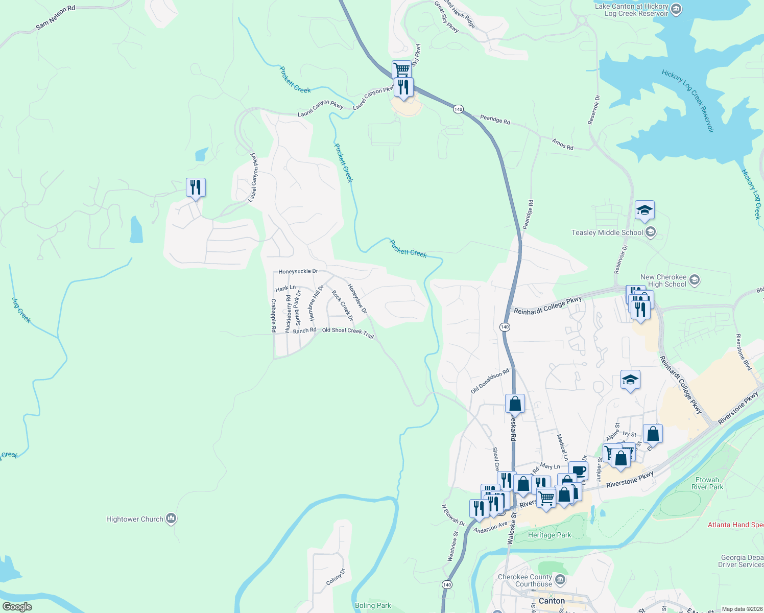 map of restaurants, bars, coffee shops, grocery stores, and more near 239 Creek View Place in Canton