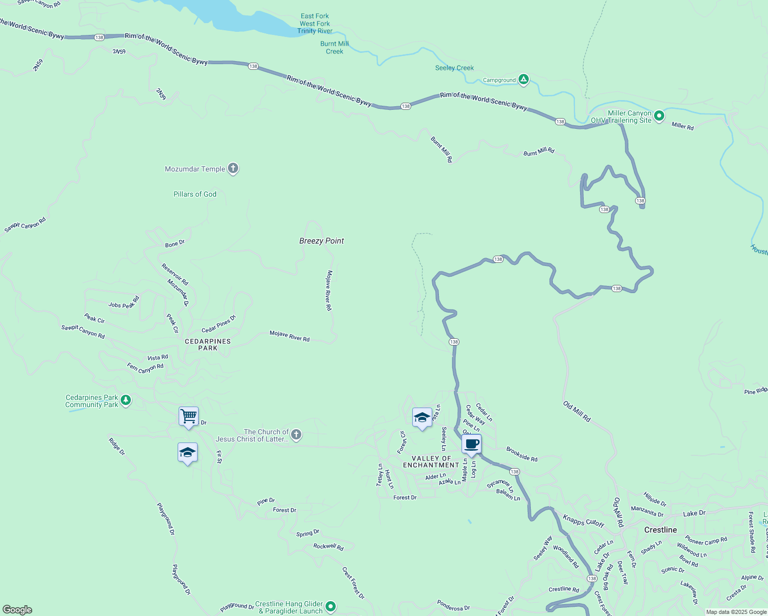 map of restaurants, bars, coffee shops, grocery stores, and more near Heart Rock Trail in Crestline