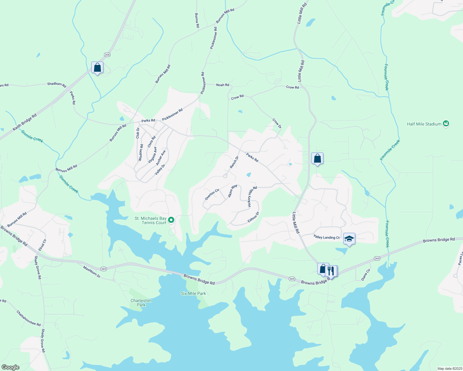 map of restaurants, bars, coffee shops, grocery stores, and more near 6350 Akins Way in Cumming
