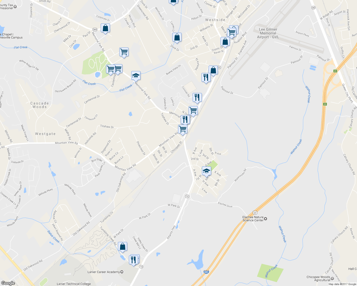 map of restaurants, bars, coffee shops, grocery stores, and more near 2130 Chicopee Street in Gainesville