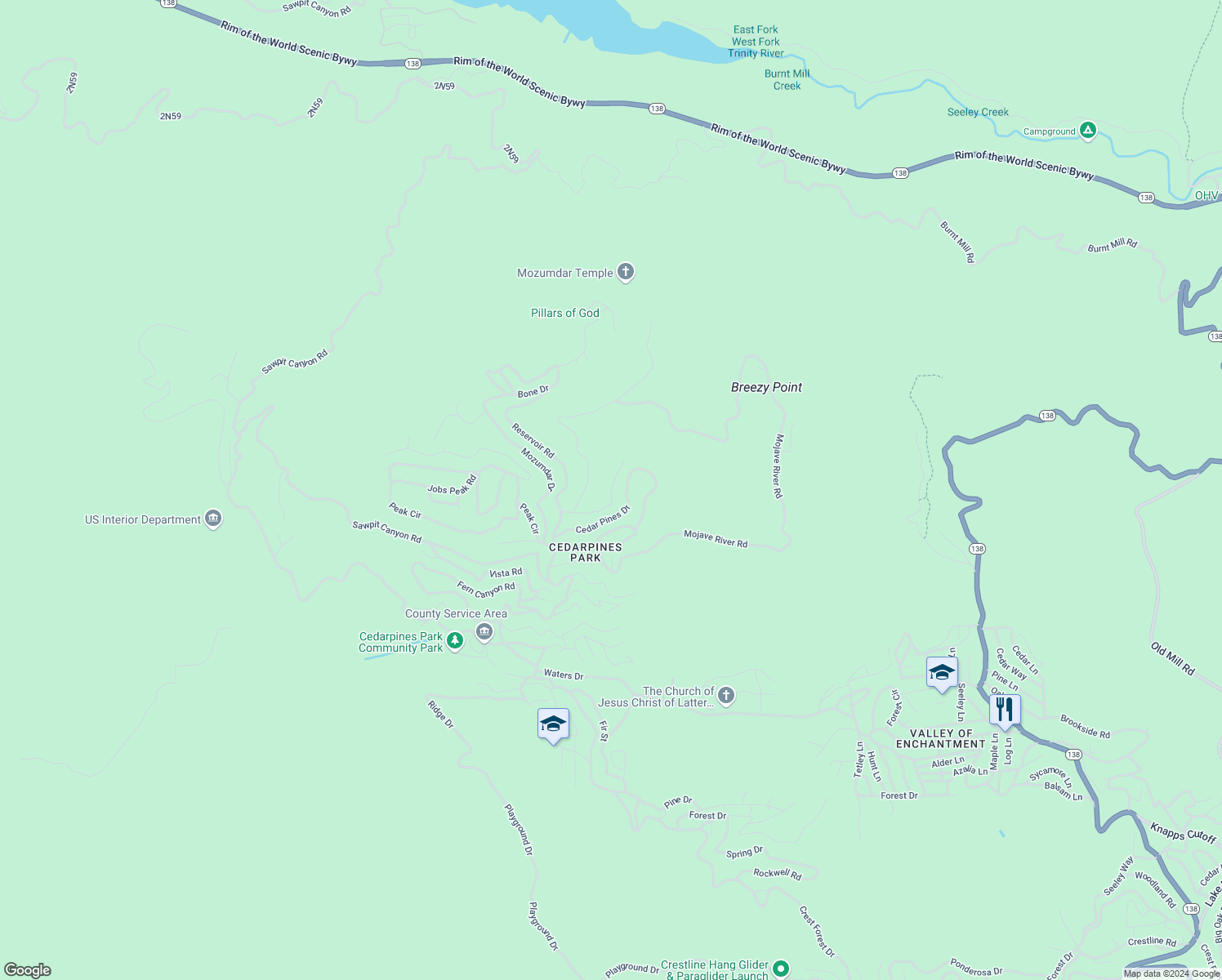 map of restaurants, bars, coffee shops, grocery stores, and more near El Valle Road in Crestline