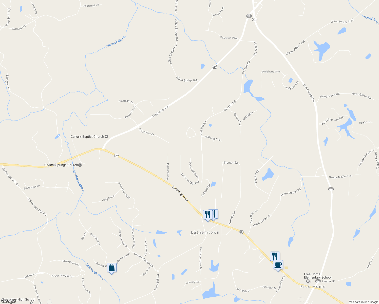 map of restaurants, bars, coffee shops, grocery stores, and more near 223 Davis Mill Road in Ball Ground