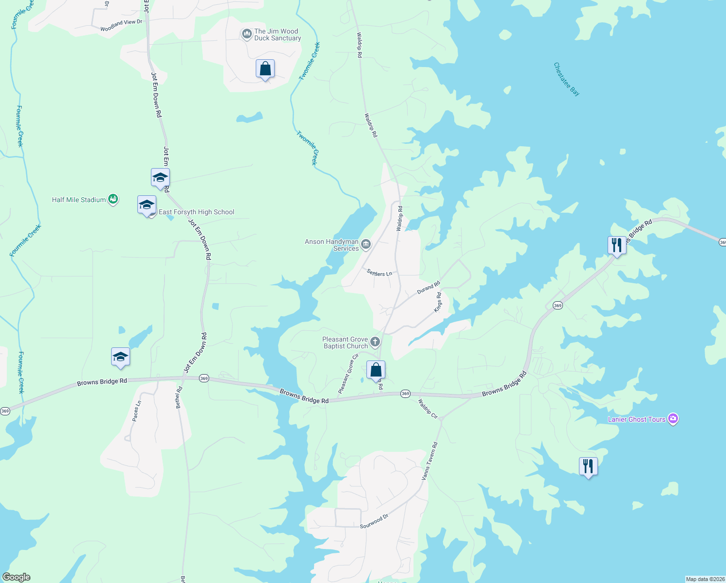 map of restaurants, bars, coffee shops, grocery stores, and more near 9740 Laguna Pl in Gainesville