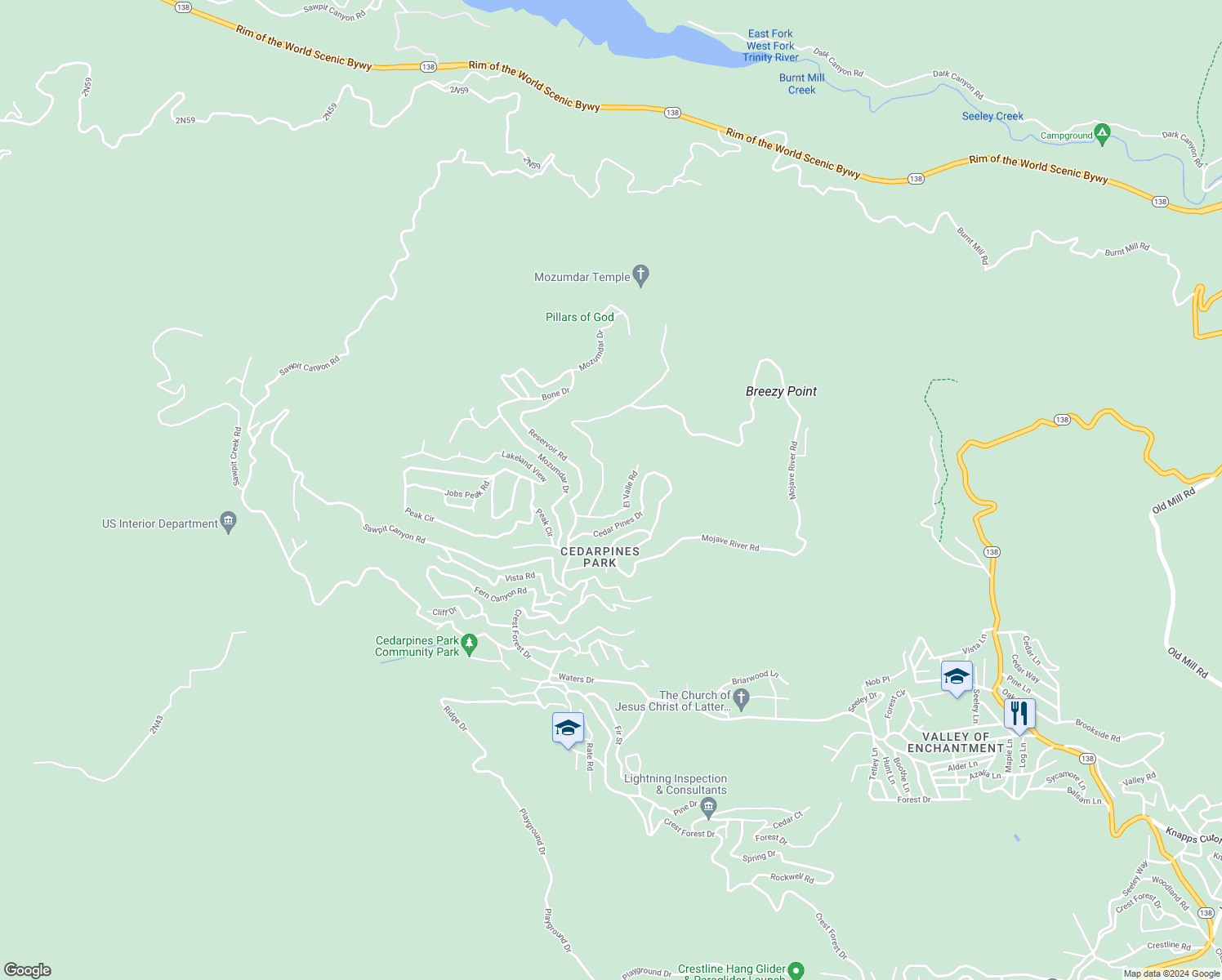 map of restaurants, bars, coffee shops, grocery stores, and more near Burnt Mill Canyon Road in Crestline