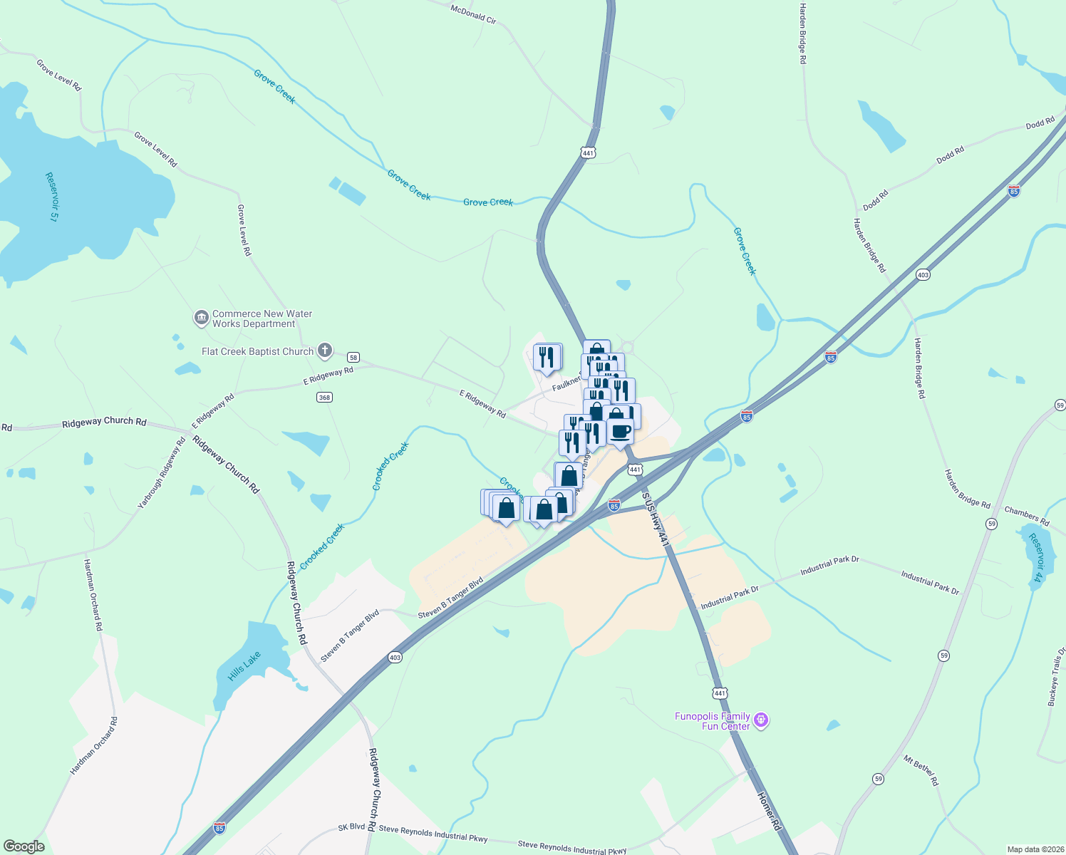 map of restaurants, bars, coffee shops, grocery stores, and more near 259 E Ridgeway Rd in Commerce