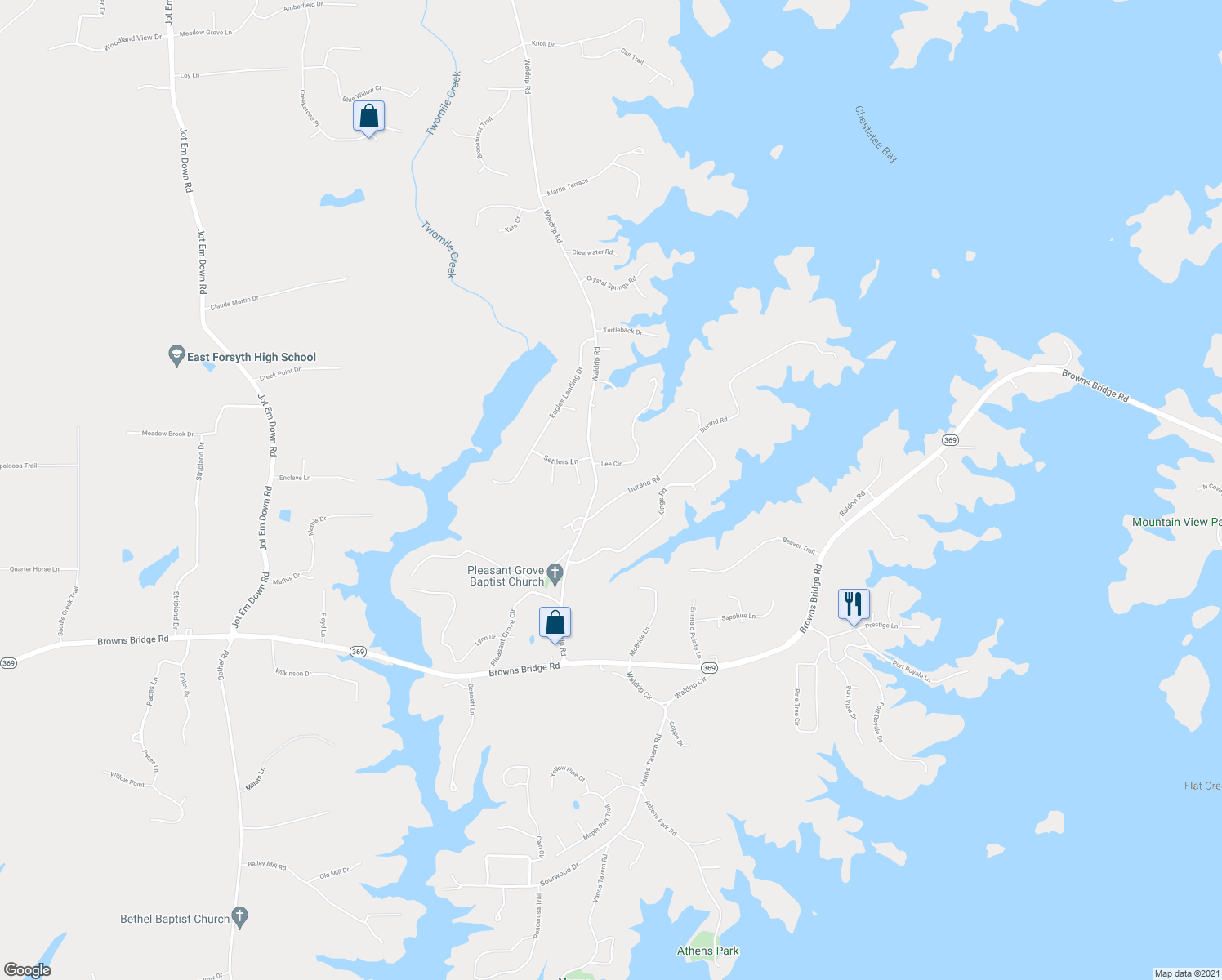 map of restaurants, bars, coffee shops, grocery stores, and more near 9655 Durand Road in Gainesville