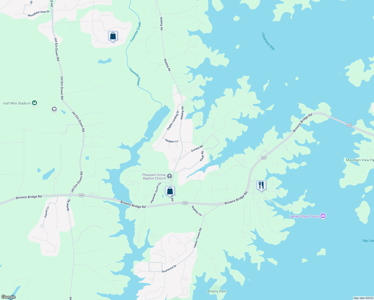 map of restaurants, bars, coffee shops, grocery stores, and more near 9655 Durand Road in Gainesville