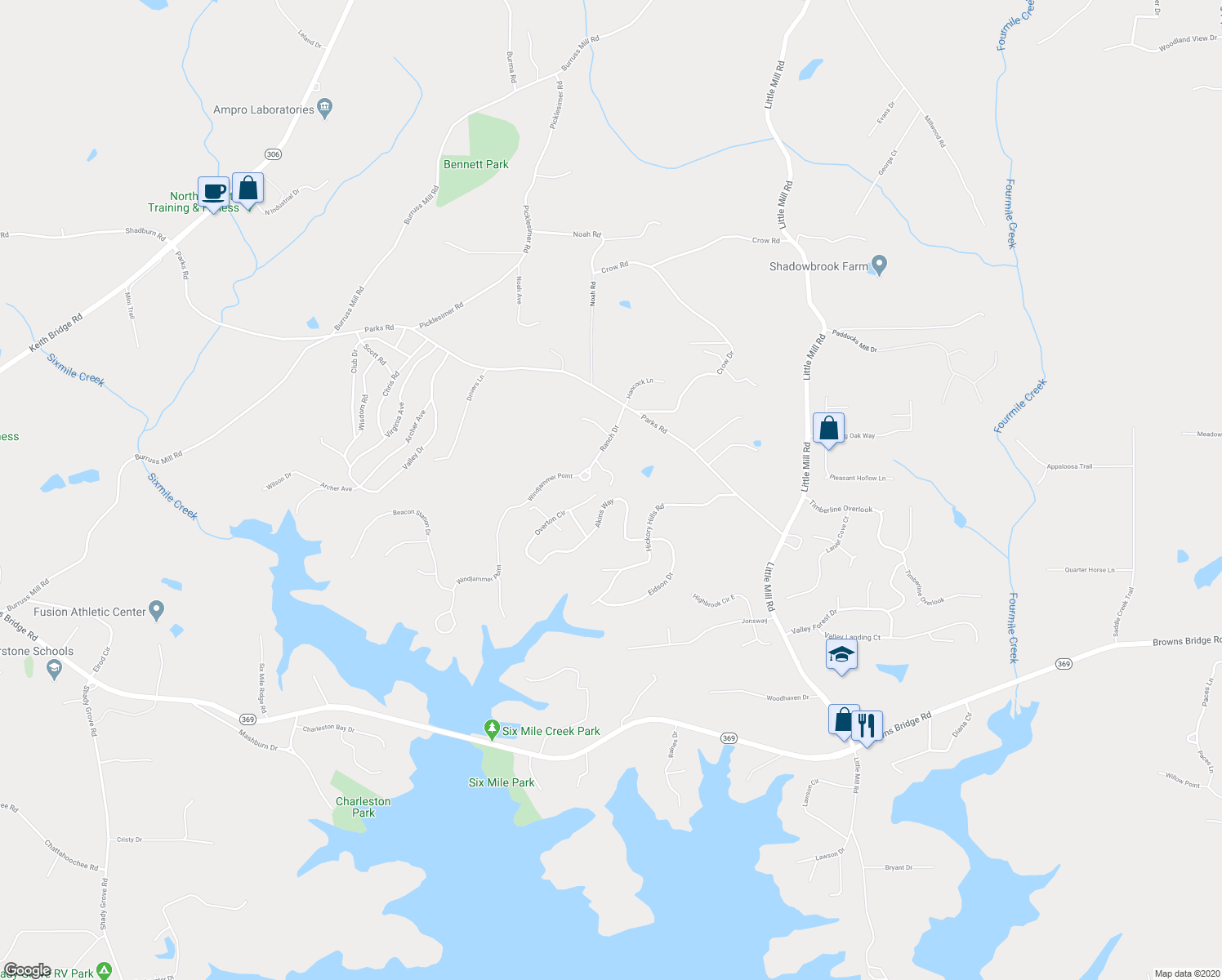 map of restaurants, bars, coffee shops, grocery stores, and more near 5635 Ranch Drive in Cumming